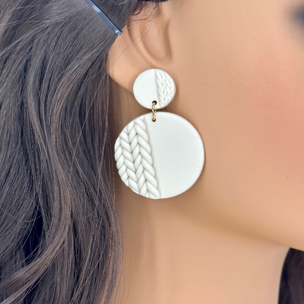Chic White Braided Round Drop Earrings